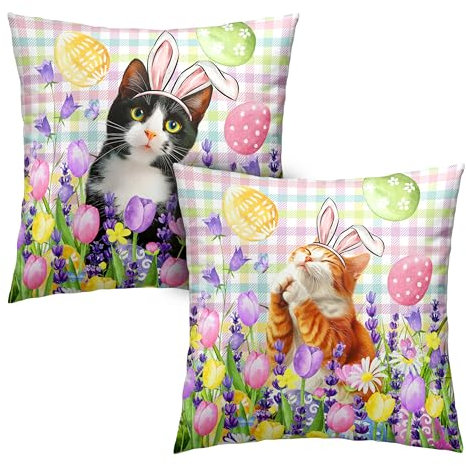 Kwlegh Frühlings-Oster-Kissenbezüge, 45,7 x 45,7 cm, 2 Stück, schöne Kuhkatze und Ingwerkatze mit Hasenohren, Tulpenmuster, für Osterdekoration, Sofa, Terrasse, Garten