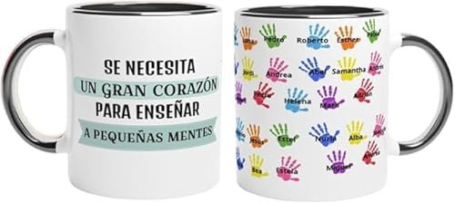TAZALAND | Taza Personalizada para Profesores | Negra - 350 ml | Regalo Original Fin de Curso | Taza Recuerdo con Huellas de Alumnos | Detalle Maestra Infantil y Primaria