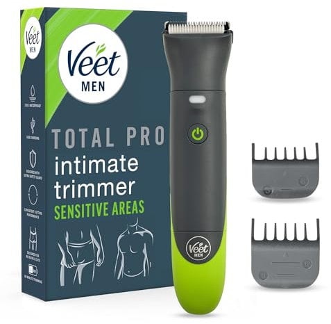 Veet Men Intimate Trimmer TOTAL PRO, Rasoio elettrico uomo corpo e parti intime, 1 testina per zona intima e corpo e 2 pettini guida, Rifinitura precisa, Cordless