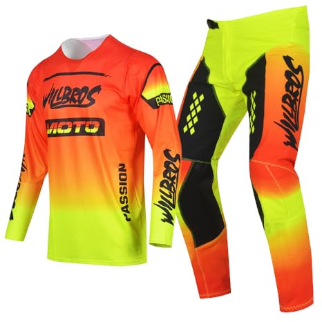 Willbros Giovani Completo Maglia e Pantaloni da Motocross e Enduro MX MTB Moto Fuoristrada Corse Bambini Ragazzo Arancione Giallo YXXL