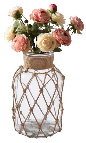 Clear Glass Flower Vase with Rope Wrapping 8x16 cm/3x6.3 Inch Wide Mouth Woven Vases Decorative Floral Bottle Bud Vase for Table Centerpiece Home Decor Wedding Party (Not Include Flowers)