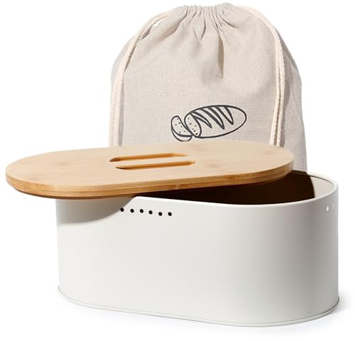 SYLANDO Brotkasten mit Großer Kapazität, Hochwertige Metall Brotbox, Die Aufbewahrung für noch länger frisches Brot, Deckel aus Ökologisches Bambus (Beige)
