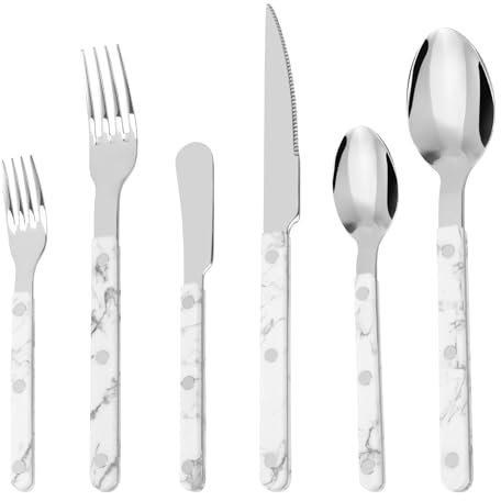 6Pcs Stainless Steel Flatware Set Blue Handle with Rivets Silverware Utensils Cutlery Set with Steak Knife Fork and Spoon for Home Kitchen Dishwasher Safe Cutlery