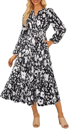 GRACE KARIN Women Dress Maxi Long Sleeve A Linie Elegant Floral Dress Wedding Guest Black White Flower L