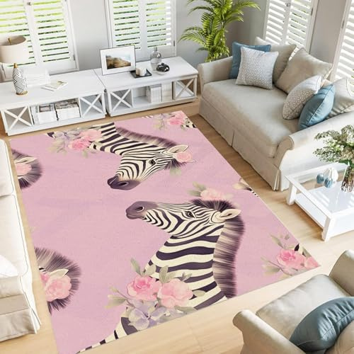 GDJSMIN Tapis De Salon Motif Animal Zèbre, Tapis Moquette De Salon À Poils Ras, Rose Motif Feuille Verte Doux Paillasson Intérieur - pour Décor De Sol De Cuisine Et De Manger180×270Cm