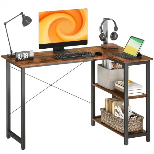HOMCOM L Shaped Desk with Bookshelf Home Office 120x73.2x75cm Rustic Brown | Corner Computer Desk, Study Room, Workstation