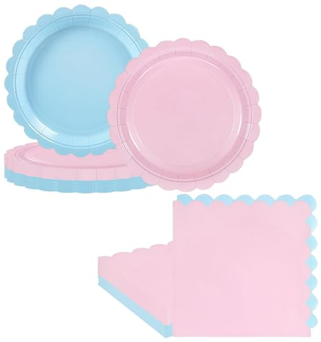 RONGZUBAT 50Pcs Blue Pink Paper Plates and Napkins Party Tableware Set,Scalloped Birthday Paper Dessert Cake Plates Serviettes Disposable Tableware Set for Gender Reveal Baby Shower Table Decorations