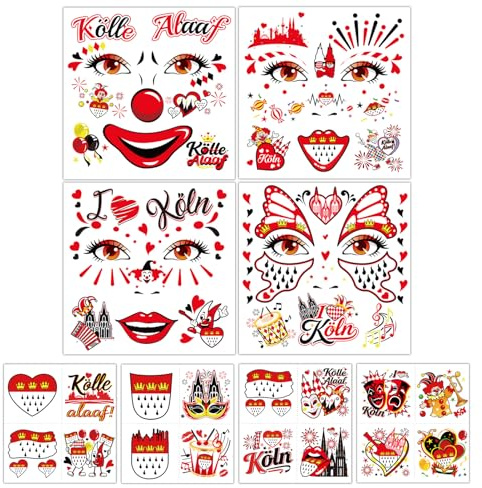 Qpout 4 Blatt Kölner Karneval Gesichtstattoo 16 Blatt Köln Alaaf Hippie Rot Weiß Tattoos,Köln Stadtwappen Wappen Schild Aufkleber Für Dom Party Straßenkarneval Festumzug Kostüme Accessoires
