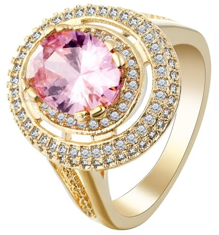 BWDHJLEY Damen Ring mit Stein, Engagement Ring Gold Hohler Ovaler Zirkonia mit 8 Zinken, Rosa Größe 62 (19.7) Hochzeitsringe Eheringe