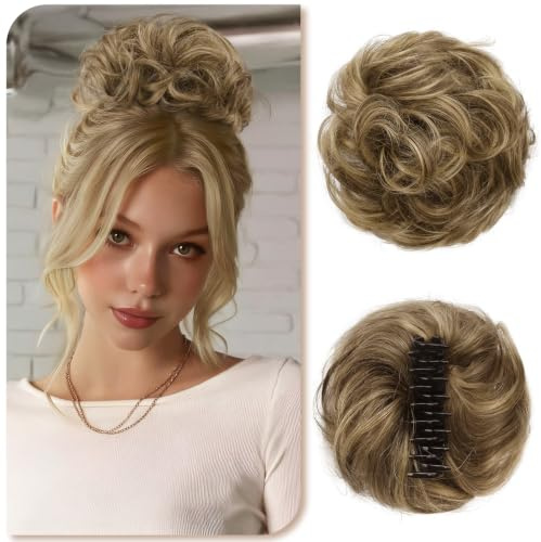 Sofeiyan Messy Bun Haarteil mit Klammer 100% Haarteile Echthaar Dutt Gewelltes Locken Clip in Claw Hair Scrunchies für Damen,Hellbraun mit Beige-Blonden Strähnchen Zerzauste Echtes Haar Chignon