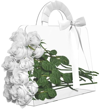 StarK Blumentaschen transparent 10er Set – 2 verschiedene Griff-Modelle inkl. Geschenkband 3×5 m in drei verschiedenen Farben - weiß, gelb & rot - ideal für Floristen - 30×12×35 cm (Kleiner Griff)