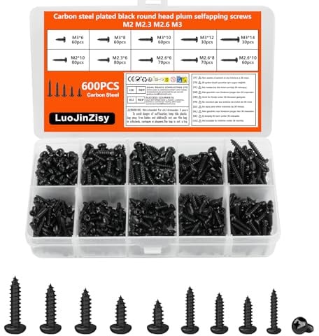 600 PcsVis M2 M2.3 M2.6 M3, Petites Vis Autotaraudeuses | Vis à Tête Ronde Cruciforme Noires pour bois, plastique et métal