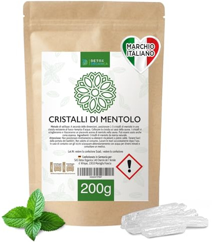 Detox Organica Cristalli di Mentolo Sauna 200 g - Menta pura al 100% | Accessori Per Sauna - Sauna da casa - Sensazione Rivitalizzante - Rinfresca e Stimola i Sensi