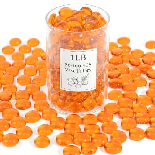 WOHSEROM 440g (ca. 80-100 STK.) Warme Orange Flache Glassteine & Muggelsteine, 17-19mm – Bernstein Vasenfüller, Aquariumschmuck & Deko, Orangene Glasnuggets für Blumenarrangements & DIY-Projekte