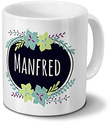 printplanet Tasse mit Namen Manfred - Motiv Flowers - Namenstasse, Kaffeebecher, Mug, Becher, Kaffeetasse - Farbe Weiß