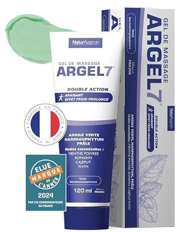 NaturAvignon Argel 7 gel de massage gênes articulaires et contracture musculaire | argile verte, harpagophytum | Creme massage genoux douleur dos |effet cryothérapie | massage et relaxation | 120 mL