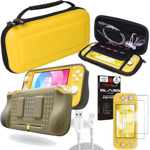 TECHGEAR Switch Lite Accessory Bundle - Case and Screen Protector for Nintendo Switch Lite, Hard Protective Carry Travel & Storage Case Cover, Ergo Grip Case, 2x Tempered Glass & 2m USB Cable [YELLOW]