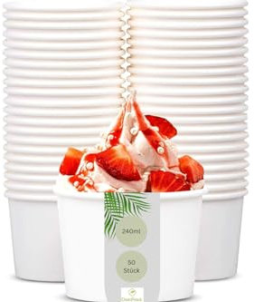 DeinPack 50 Eisbecher 240 ml | Umweltfreundliche Universal Karton mit PLA für EIS, Dessert, Fingerfood, Vorspeisen, Snacks I Speisebecher weiß unbedruckt rund kompostierbar