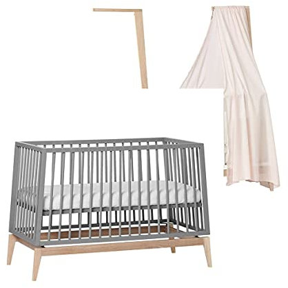 Leander Luna Babybett 120x60cm - grau/Eiche mit Himmelgestell Eiche und Himmel dusty rose, OHNE MATRATZE
