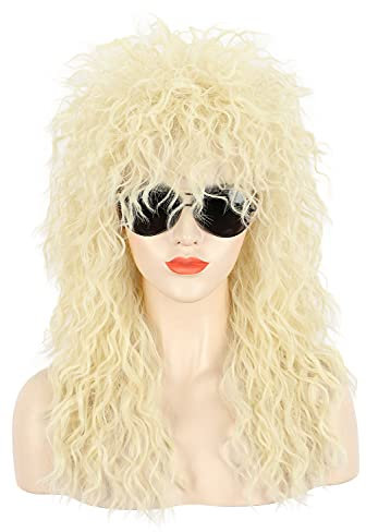 karlery Erwachsene Männer Dame Lange Lockige Blonde Perücke 70er 80er Jahre Vokuhila Heavy Metal Rocker Mullet Kostüm Perücke