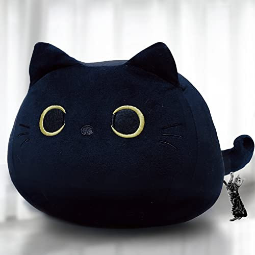 Kyduu Katzen Schwarze weiches Stofftier Kopfkissen Plüschpuppe, Plüschtier Katze, Stofftier Kawaii Katze, Schwarzes Katzen Plüschtier, Kuscheltier Ausgestopftes Tier, Geschenk Tier Puppe (600g)