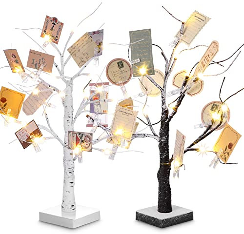 2 Pcs Money Tree Gift Holder Gift Card Holder with 18 Inch LED Lights Birch Money Tree Decorations Battery Powered Tables Centerpieces with 30 Clear Clips for Wedding, Birthday