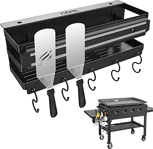RUSFOL Support de grille en acier inoxydable avec bande magnétique pour ustensiles de barbecue de 71,1 cm/91,4 cm, avec une clé Allen, boîte de rangement pour accessoires de barbecue, sans trou de