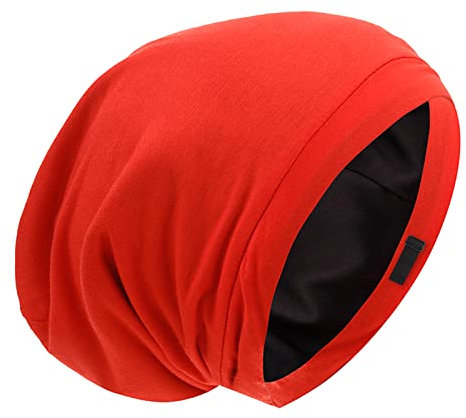 Schlafhaube mit Seidensatin Innenfutter, verstellbare Nachtmütze, Haarkappe, sitzt die ganze Nacht sicher, lockere Beanie, Haarschutz bei lockigem Haar, für Damen und Herren, einfarbig, rot