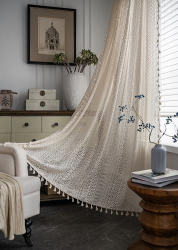 iyoimono Boho Vorhänge Beige Lace Vintage Vorhänge Landhausstil Häkeln Stricken Gardinen,Baumwolle Leinen Quaste Transluzente Gardinen für Küche Wohnzimmer Schlafzimmer,2 Stück,B150×H260cm