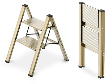 WOA WOA 2-stufige Leiter, Faltbarer Tritthocker, Aluminium, leichte Leiter für Zuhause, Küchenschrank, rutschfeste Pedale, einfach zu Falten, tragbar, 136 kg Kapazität, Gold