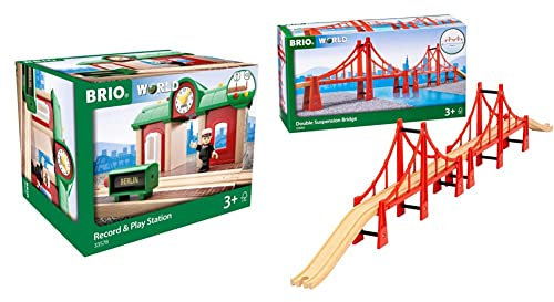 BRIO World 33578 Sprechender Bahnhof Eisenbahn Zubehör mit Aufnahmefunktion & World 33683 Hängebrücke – Eisenbahnzubehör für die BRIO Holzeisenbahn