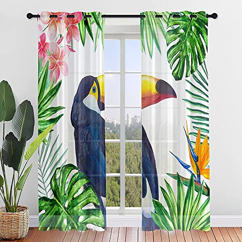 Hiseng Voile Vorhänge mit Ösen Durchsichtig Halbtransparent Ösenvorhang für Fenster Wohnzimmer Schlafzimmer Tropisch Pflanzen Moderne Elegante Transparent Gardine 2er Set (140x244cm,Tukan)