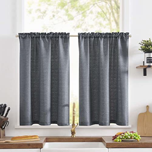 TOPICK Lot de 2 Rideaux Cuisine 65 x 115 cm (LxH) Rideau Lin Uni Gris Rideaux d'Extérieur Tissu Jacquard Filtrage de la Lumière Rideau Fenetre Brise-Bise Salon Porte Chambre Bistrot