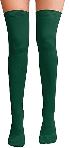 NuJake Over The Knee Thigh High Socks Girls Plain Cotton Lycra Cosplay School Sox (Dark Green)