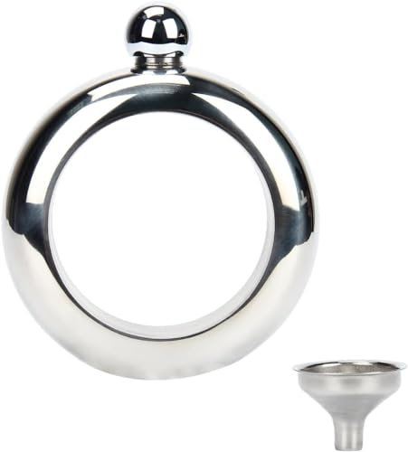 Uadme Whisky Flacon Bracelet, 100ml Flacon Bracelet Portable Acier Inoxydable 304 Rond Flasque Femme Poche avec Entonnoir pour Fête Vacances Concert Camping Voyage Stockage Whisky D'Alcool (Argent)