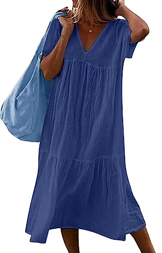 Shownicer Robe Mi-Longue en Coton et Lin pour Femme Été - Lâche, Imprimé Floral, Décontractée, Manche Courte, Baggy Ample - Idéale pour la Plage