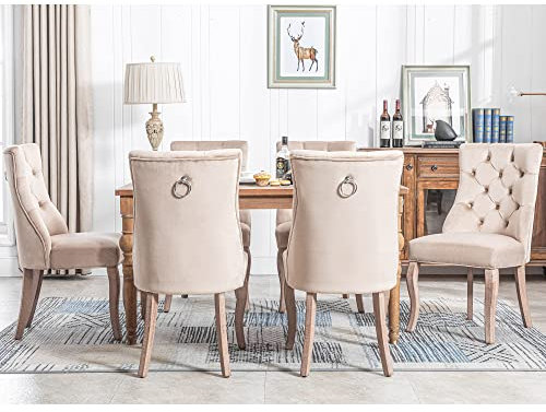 Merax 4-Fußstuhl, Stuhl Beige Samt Esszimmerstuhl Polsterstuhl,hohe Rückenlehne, mit Knopfsteppung, Gestell aus Massivholz, Beige，(Set, 6 St)