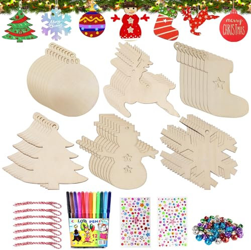 Decoración de árbol de Navidad de madera, 158 unidades, juego de manualidades para pintar de madera, colgante de decoración navideña, copo de nieve, ángel, estrellas, farolillo, forma de disco de