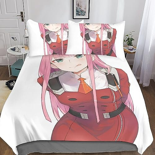 CasCam Zero Two Bettbezug Set Anime Bettwäsche Set 3D-Druck Muster Betten Set Mit Verstecktem Reißverschluss Sanft Mikrofaser,mit Kissenbezug,Für Alle Menschen Geeignet King(220x240cm)