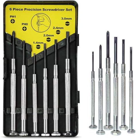 JENWUN Set di 6 mini cacciaviti per riparazione occhiali, set di strumenti di riparazione di precisione con 6 diverse dimensioni di teste piatte, ideale per orologi e gioiellieri (Nero)