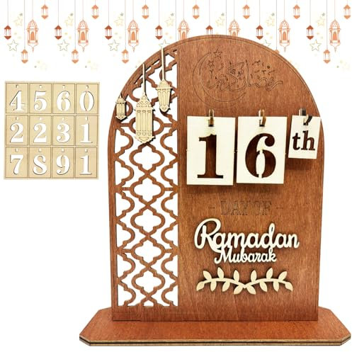 Zkaoai Ramadan Kalender, Eid Mubarak Adventskalender, Ramadan Dekoration Countdown-Kalender, Eid Mubarak Kalender, Eid Mubarak Dekoration DIY Ramadan aus Holz, Eid Ramadan Geschenke für Kinder