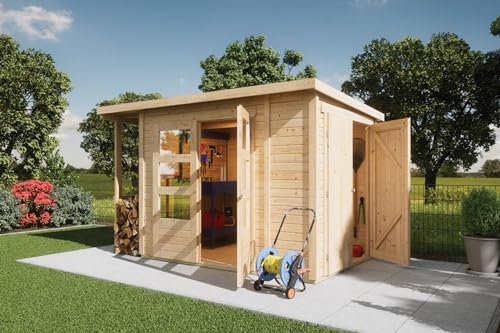 CHILLROI® Karibu Gartenhaus 19mm Multi Satteldach mit Schrank und Anbaudach inkl. Fußboden & Dacheindeckung (Pultdach naturbelassen)
