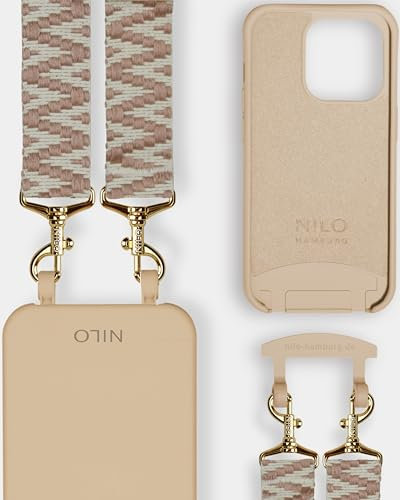 NILO® Set | Handyhülle mit Band, Handyband Brown Pansy mit nudefarbener Handyhülle für IPhone 13 Pro Max | hochwertige Handykette, verstellbar, mit Karabiner Gold