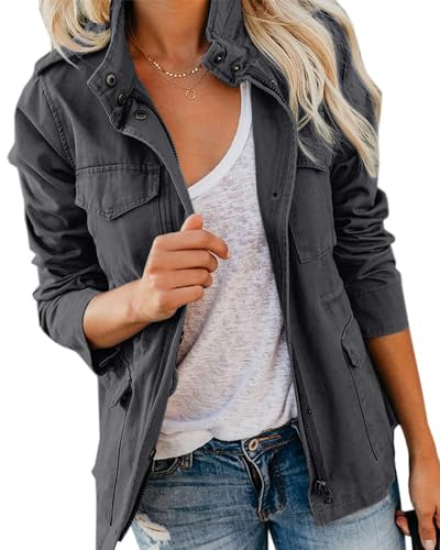 Imily Bela Womens Jacket Ladies Utility Jacket Stand-Up Collar Parka Lightweight with Multiple Pockets Autumn(Dark Grey, M)