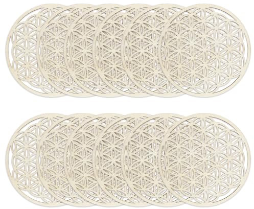 Set mit 12 Blume des Lebens Untersetzern aus Birkenholz, Elegante Untersetzer für Meditation und Heimdekoration, perfekt für das Esszimmer(10 cm Durchmesser)