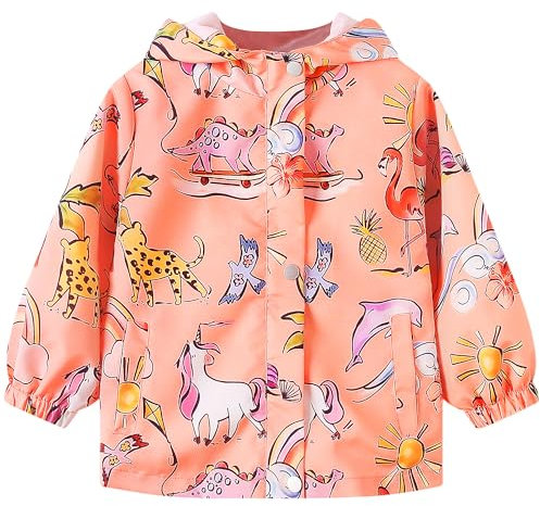 JinBei Filles Manteaux Imperméable, Rose Animal Imprimé Veste Softshell Coupe Vent à Capuche Blouson de Pluie Léger Respirant Doublé de Doux Automne Vêtement Enfants 4-5 ans