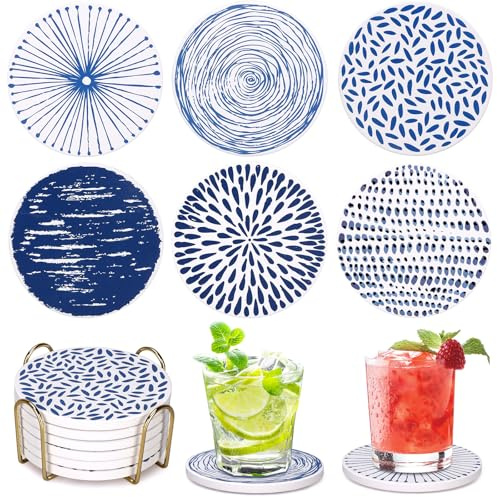Dksyee Absorbierende Untersetzer, 6 Stück, runde Keramik-Untersetzer für Getränke, modern, blau, Boho-Untersetzer mit Halter für Couchtischdekoration, Outdoor, Schreibtisch