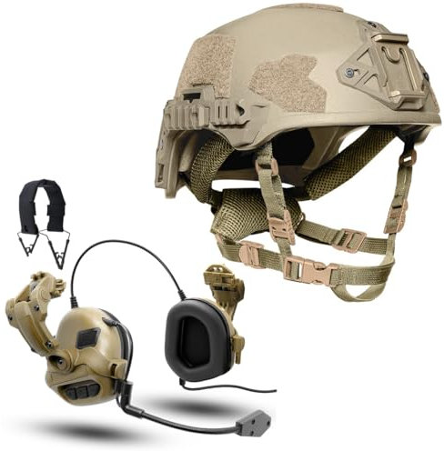 WQZXM 3Level Tactical Protective Helmet & Tactical Headset, Fast Tactical Ballistic Helmet & Hunting Shooting Ear Protection, Combat Helmet & Army Communication Headset(TAN)