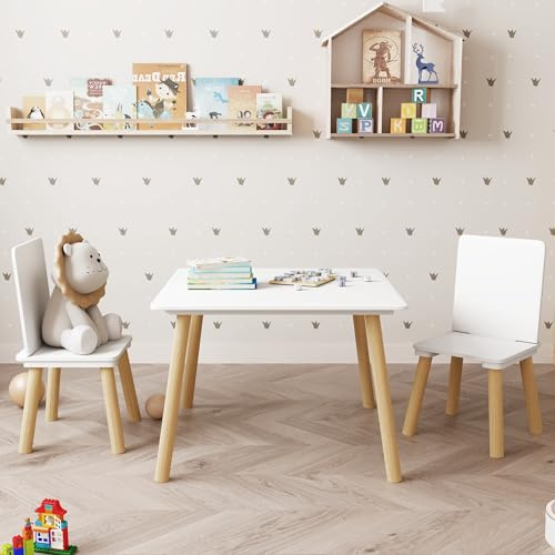 Fmlud Kids Table and 2 Chairs Set, 3 Pieces Toddler Table and Chair Set, Kids' Table & Chair Sets, Kid Play Table for Daycare, Classroom, Home (White)