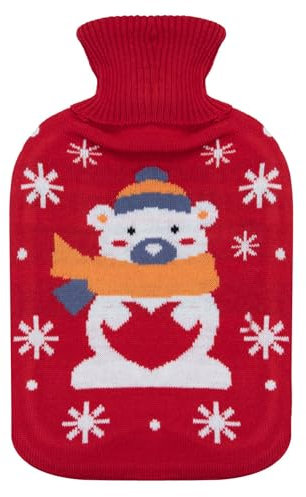 A2Z Hot Water Bottles Christmas Soft Knit Fleece Cover 2 Liter - Hot Bottle HB1159 Red